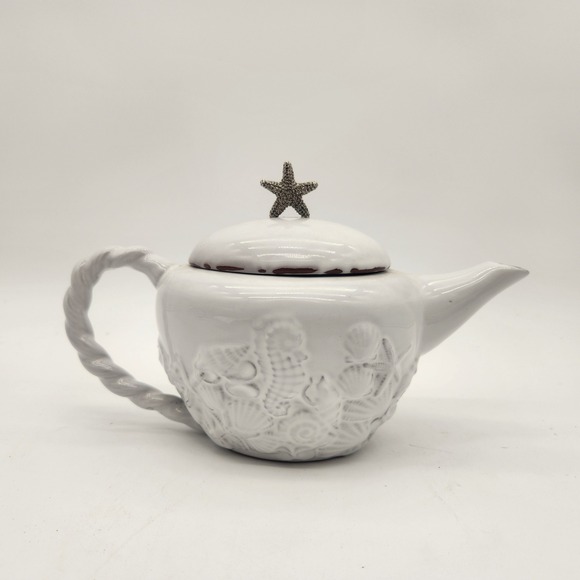 Mud Pie Seashell White Ceramic Teapot With Starfish Lid Finial Coastal Decor - Picture 1 of 10